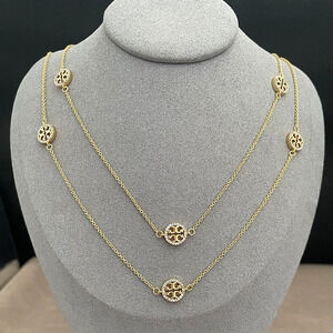 Tory Burch Gold Plated Double Micro Pave Circle Necklace Long Layering Sweater